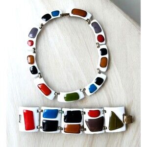 Vintage Kay Denning Copper and Multi Color Enamel Necklace Bracelet Set